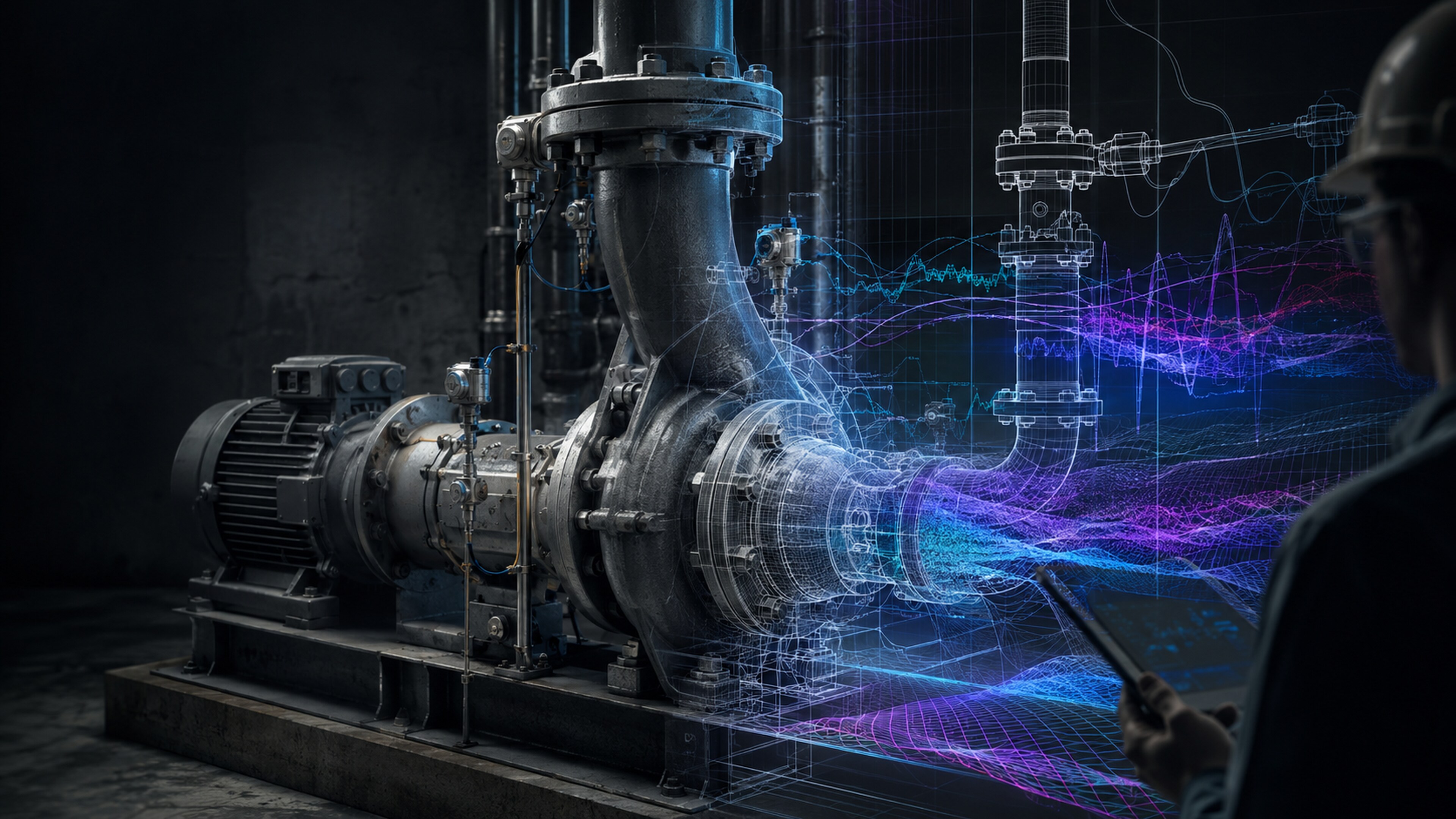 Industrial pump with layered analytical traces representing hybrid reasoning