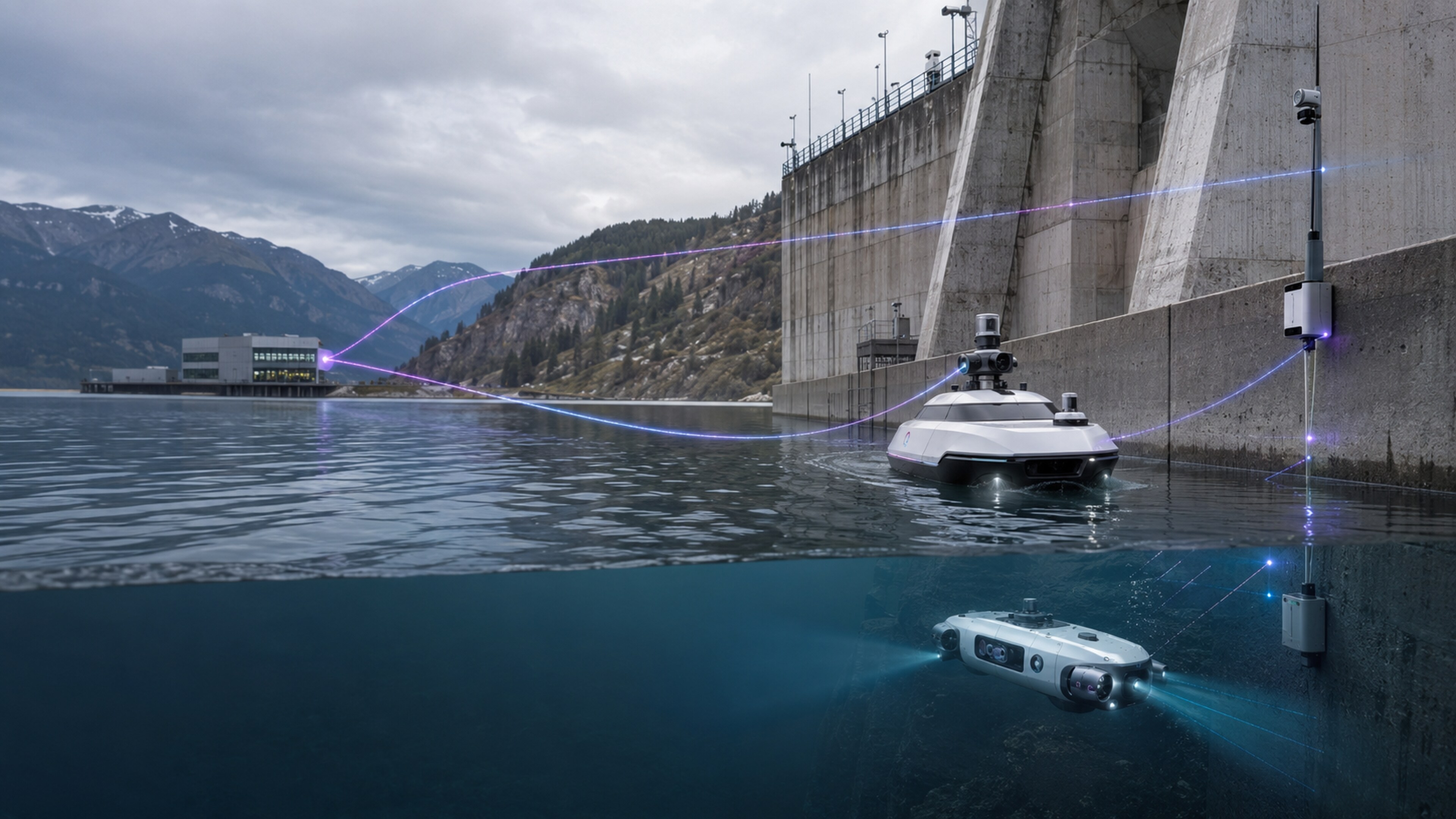 Surface and subsea robotic systems inspecting a dam